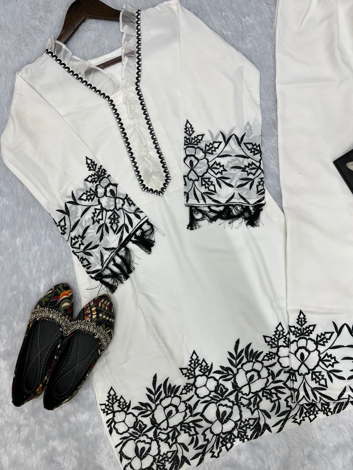 White Designer Thread Embroidery Work Suit With Pant co ord set