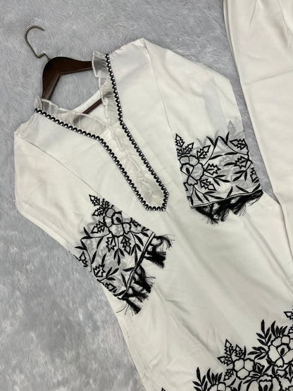 White Designer Thread Embroidery Work Suit With Pant co ord set