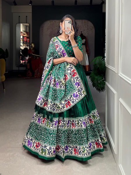 Crush dola silk lehenga with a gorgeous design of bandhej print