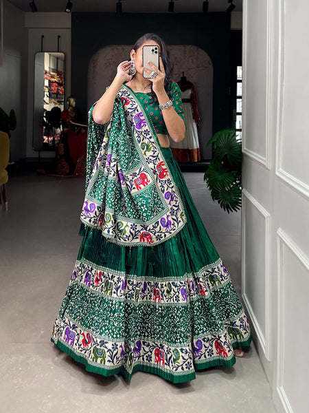 Crush dola silk lehenga with a gorgeous design of bandhej print