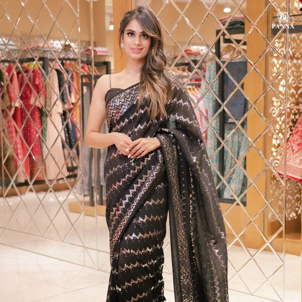 Party Wear Bollywood Style Black Georgette Sequence Work Saree With Blouse