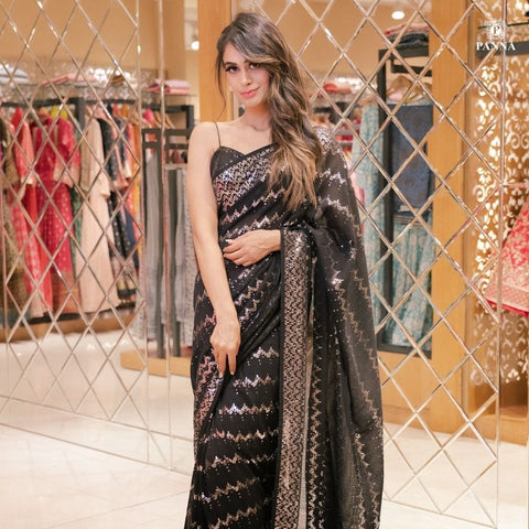 Party Wear Bollywood Style Black Georgette Sequence Work Saree With Blouse
