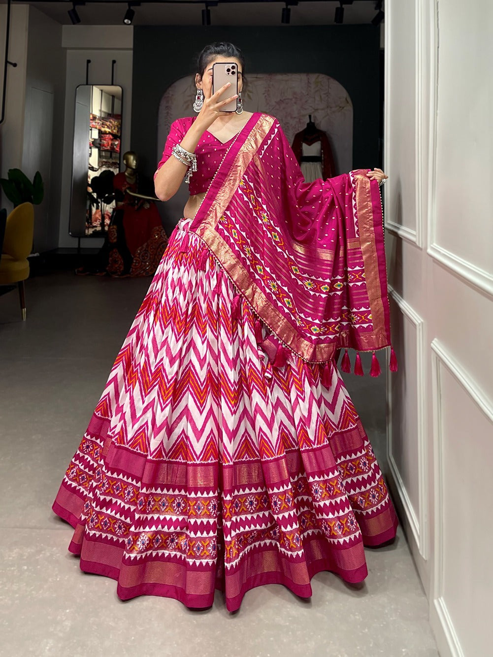 tusser silk lehenga with a foil print