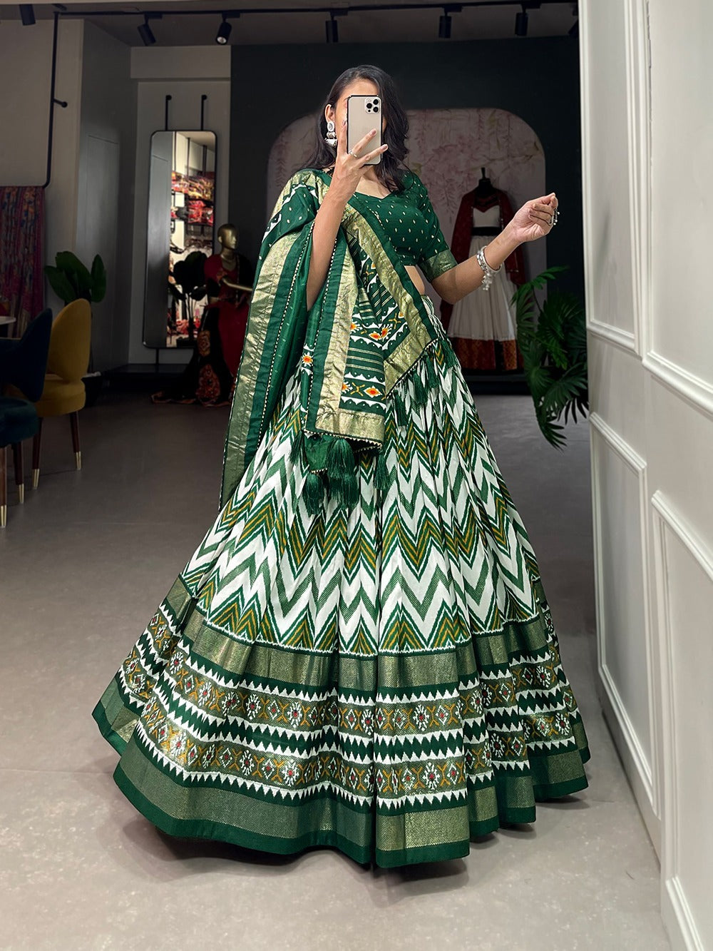 tusser silk lehenga with a foil print