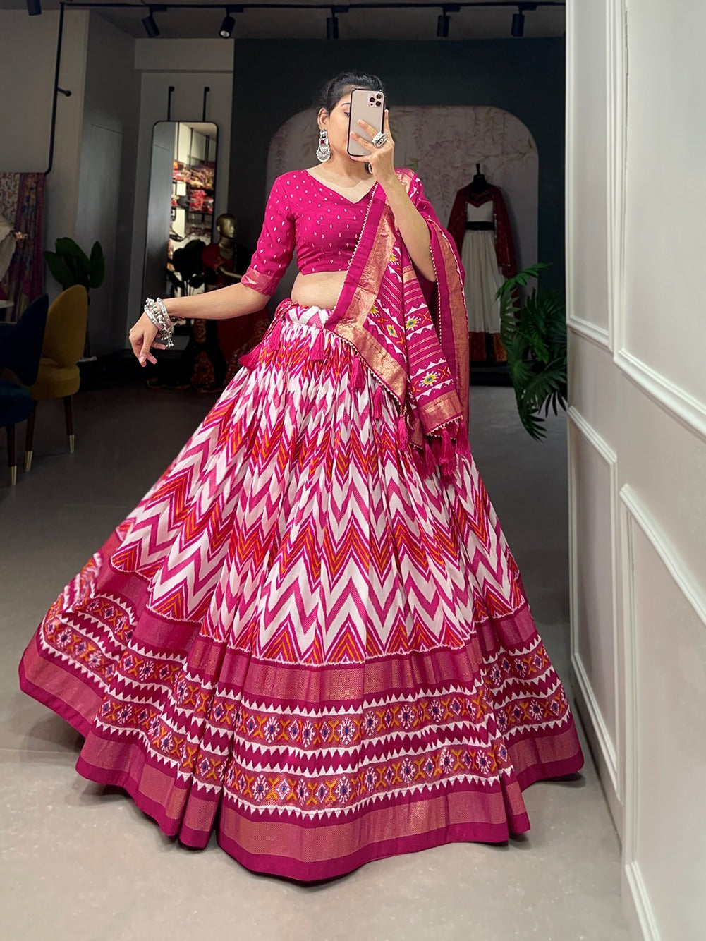 tusser silk lehenga with a foil print