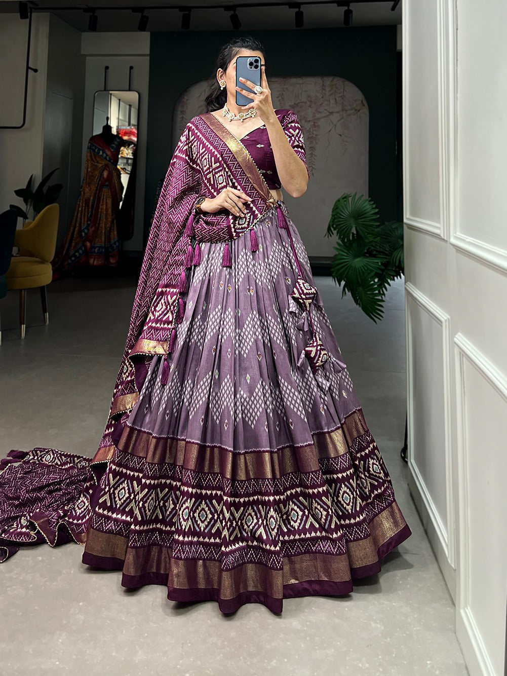 Stitched Tusser Silk Ikkat Printed Party Wear Lehenga Choli