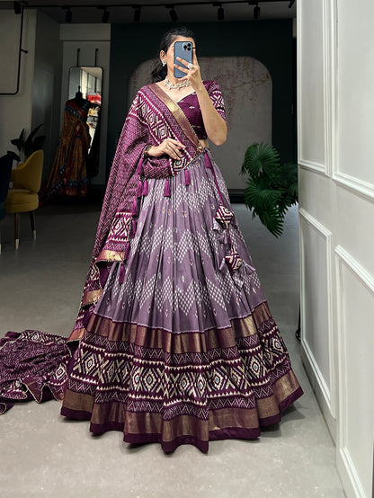 Stitched Tusser Silk Ikkat Printed Party Wear Lehenga Choli