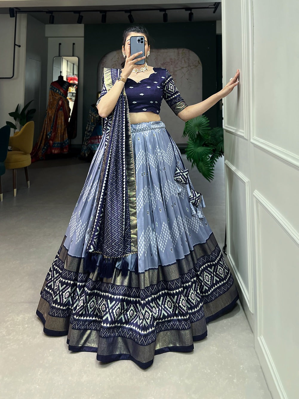 Stitched Tusser Silk Ikkat Printed Party Wear Lehenga Choli