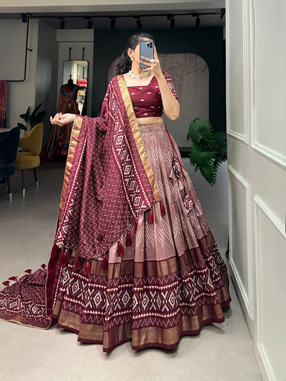 Stitched Tusser Silk Ikkat Printed Party Wear Lehenga Choli
