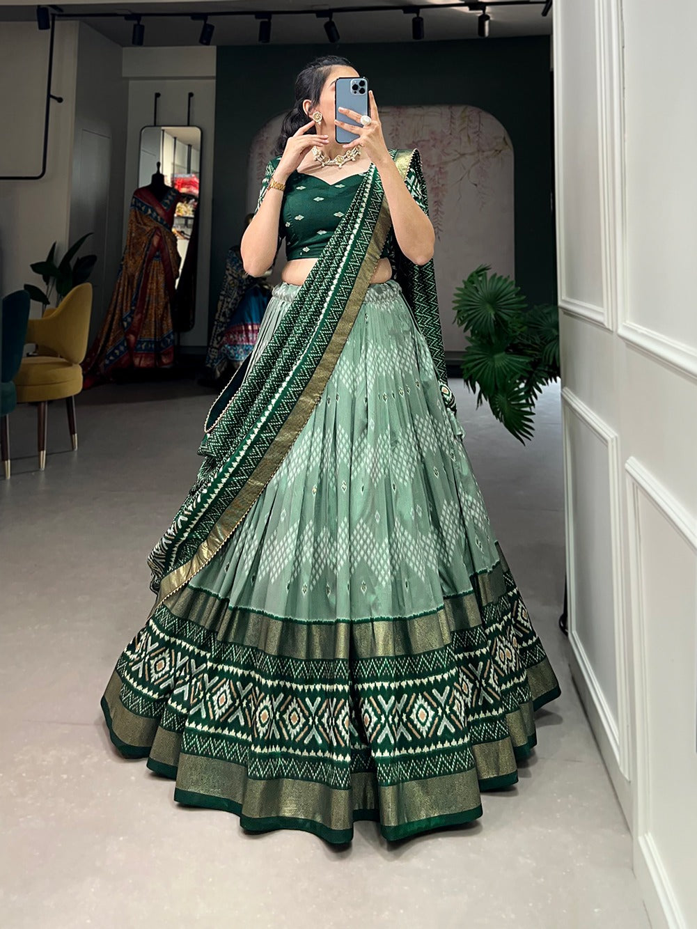 Stitched Tusser Silk Ikkat Printed Party Wear Lehenga Choli