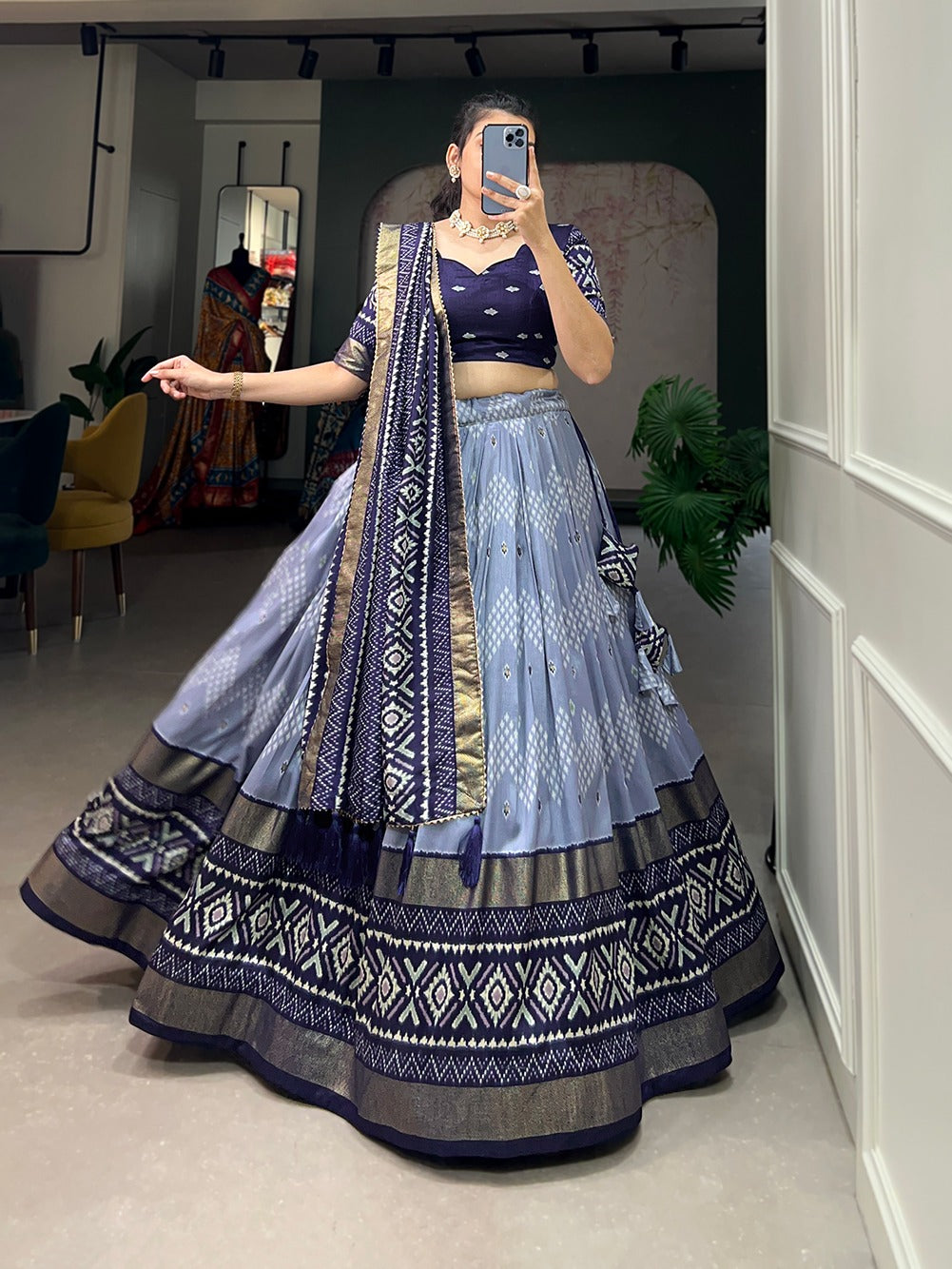 Stitched Tusser Silk Ikkat Printed Party Wear Lehenga Choli