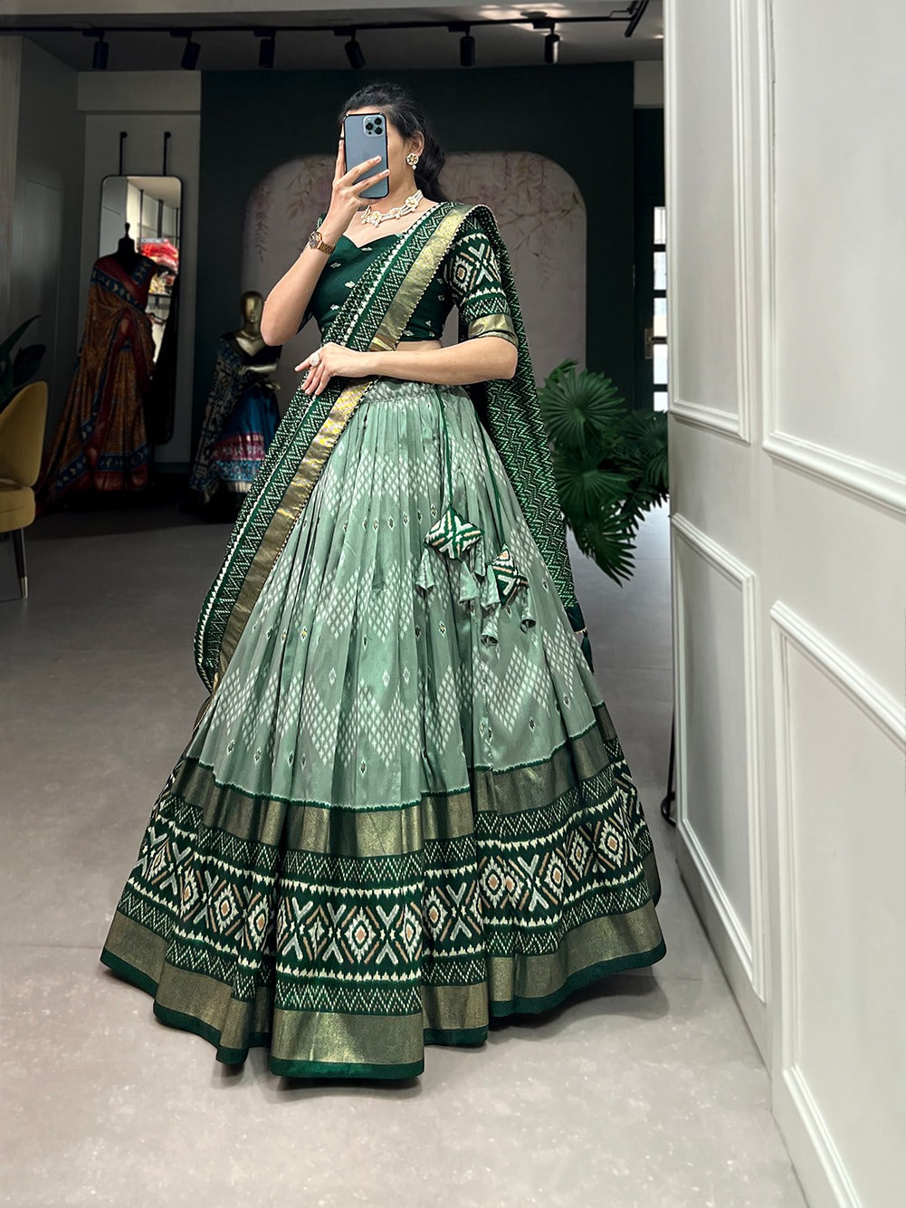 Stitched Tusser Silk Ikkat Printed Party Wear Lehenga Choli