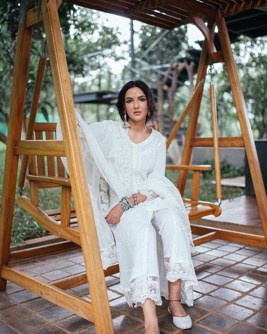 Designer Wear White Trending Cotton Thread Embroidered Work Top And Work Pent With Dupatta