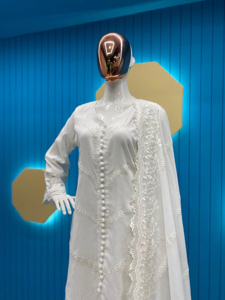 Designer Wear White Trending Cotton Thread Embroidered Work Top And Work Pent With Dupatta
