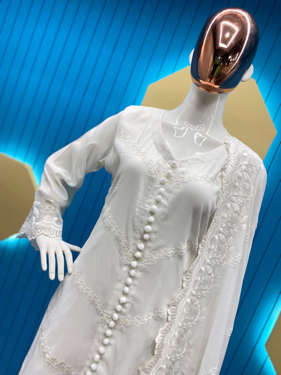 Designer Wear White Trending Cotton Thread Embroidered Work Top And Work Pent With Dupatta