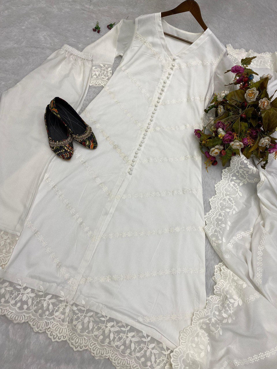 Designer Wear White Trending Cotton Thread Embroidered Work Top And Work Pent With Dupatta