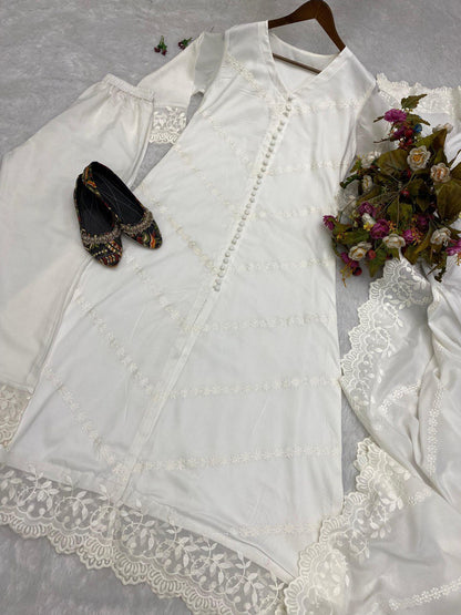 Designer Wear White Trending Cotton Thread Embroidered Work Top And Work Pent With Dupatta