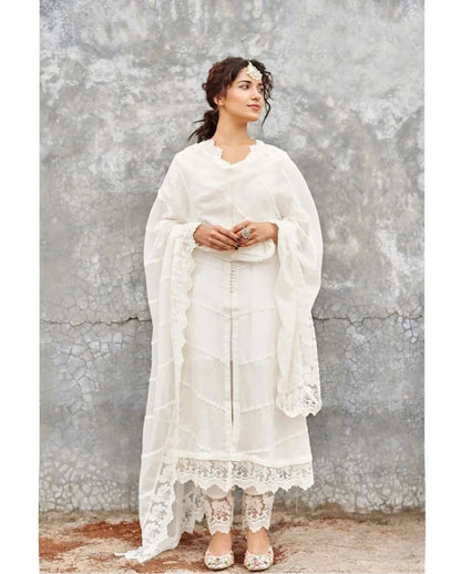 Designer Wear White Trending Cotton Thread Embroidered Work Top And Work Pent With Dupatta