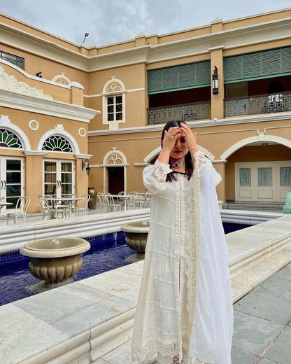 Designer Wear White Trending Cotton Thread Embroidered Work Top And Work Pent With Dupatta