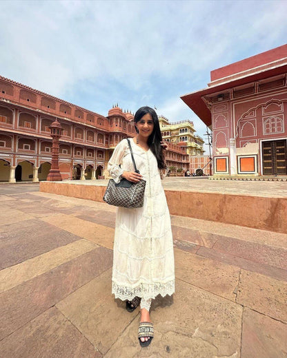 Designer Wear White Trending Cotton Thread Embroidered Work Top And Work Pent With Dupatta