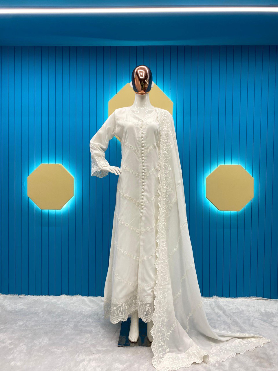 Designer Wear White Trending Cotton Thread Embroidered Work Top And Work Pent With Dupatta