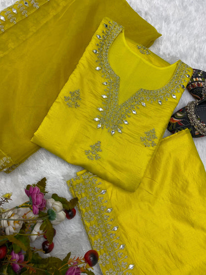 Parrot Green Kiara Art Silk Top with cording and art mirror work embroidery with pant and dupatta set
