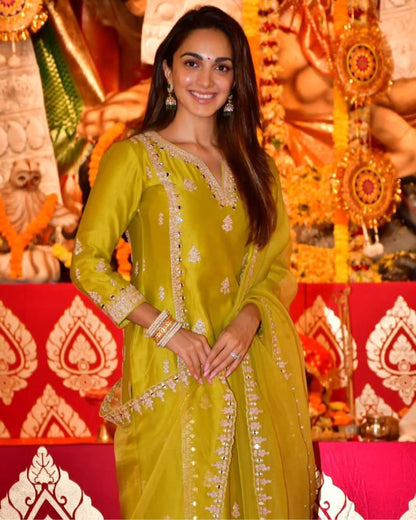 Parrot Green Kiara Art Silk Top with cording and art mirror work embroidery with pant and dupatta set