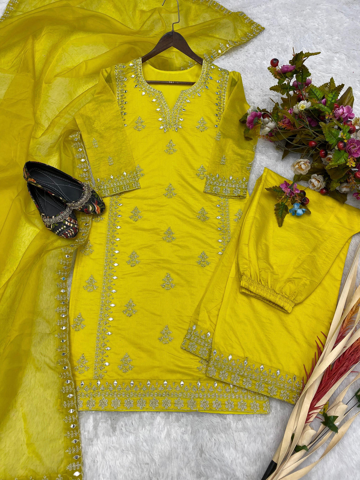 Parrot Green Kiara Art Silk Top with cording and art mirror work embroidery with pant and dupatta set