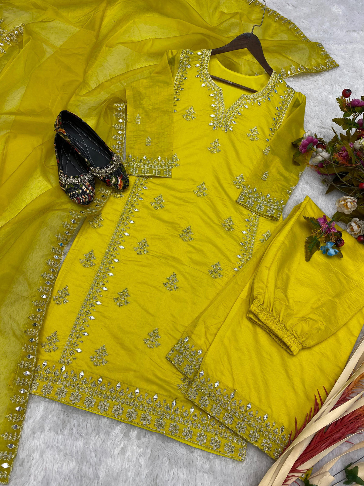 Parrot Green Kiara Art Silk Top with cording and art mirror work embroidery with pant and dupatta set