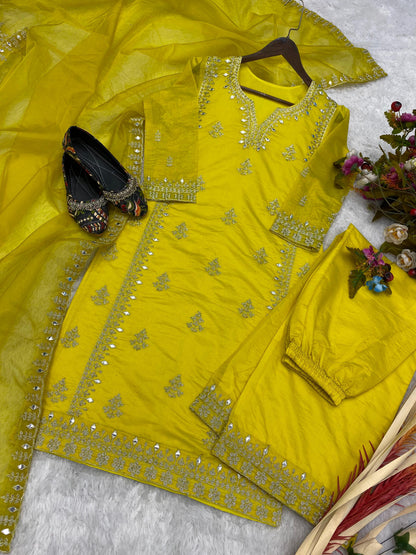 Parrot Green Kiara Art Silk Top with cording and art mirror work embroidery with pant and dupatta set