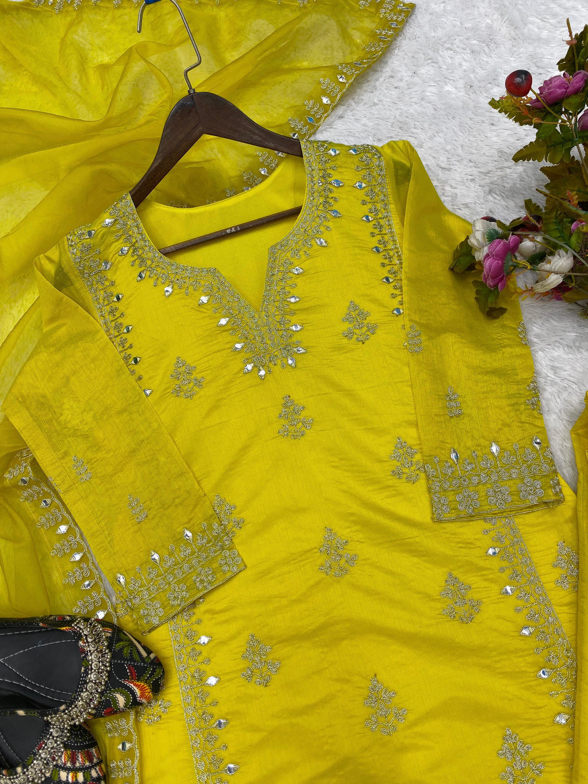 Parrot Green Kiara Art Silk Top with cording and art mirror work embroidery with pant and dupatta set