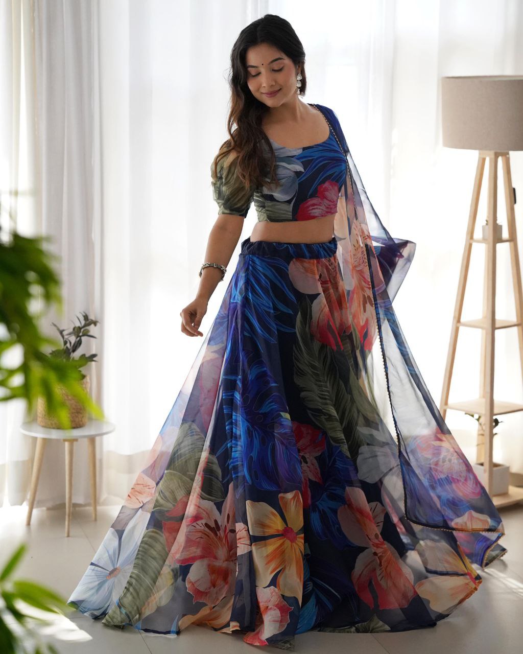 Blue Organza silk Printed Lehenga choli for women