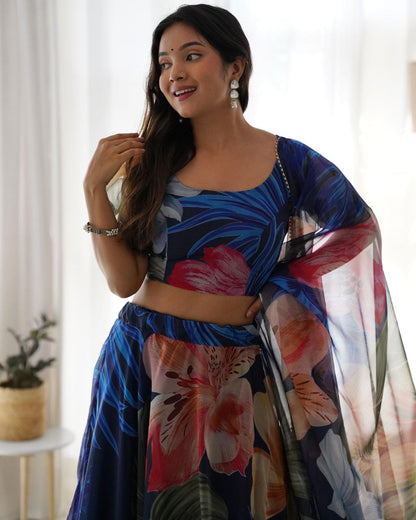 Blue Organza silk Printed Lehenga choli for women