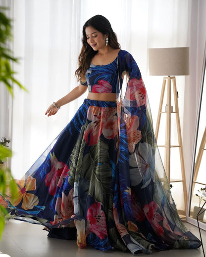 Blue Organza silk Printed Lehenga choli for women