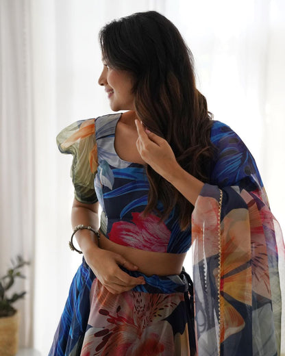 Blue Organza silk Printed Lehenga choli for women