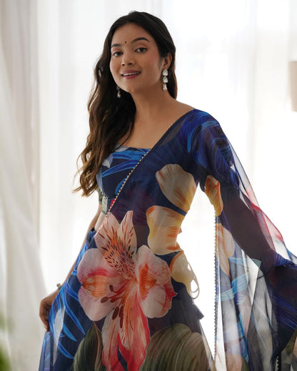 Blue Organza silk Printed Lehenga choli for women