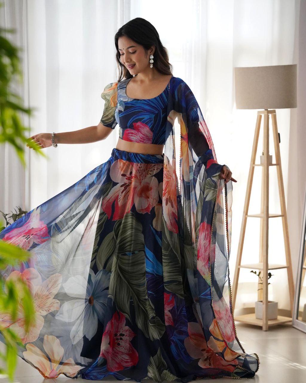 Blue Organza silk Printed Lehenga choli for women