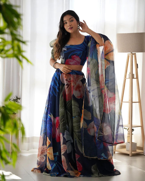 Blue Organza silk Printed Lehenga choli for women