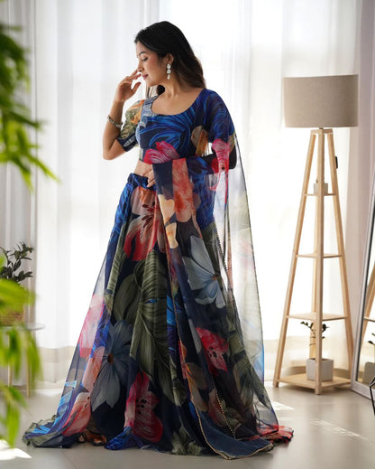 Blue Organza silk Printed Lehenga choli for women
