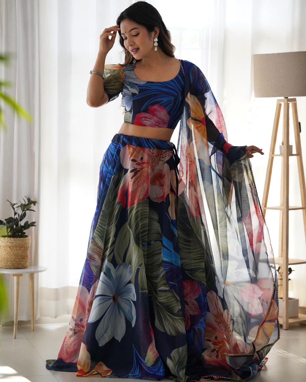 Blue Organza silk Printed Lehenga choli for women