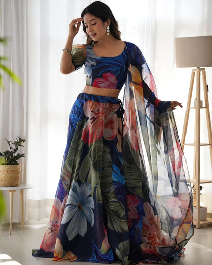 Blue Organza silk Printed Lehenga choli for women