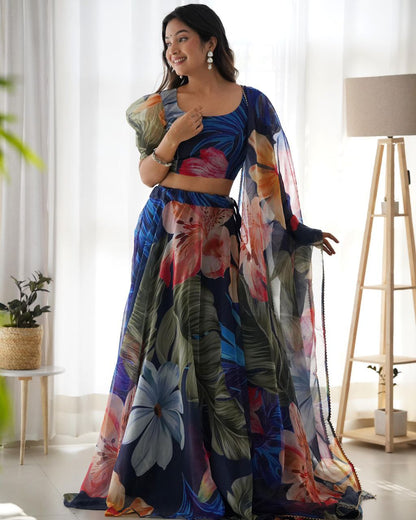 Blue Organza silk Printed Lehenga choli for women
