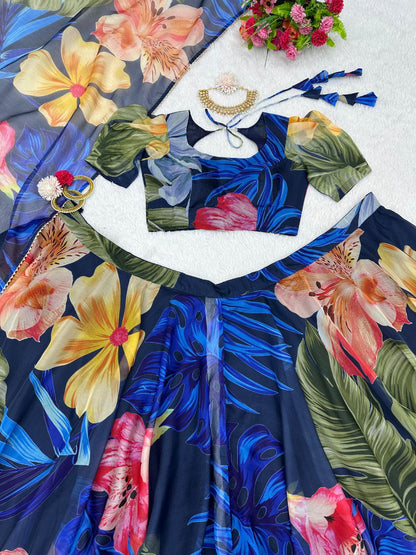 Blue Organza silk Printed Lehenga choli for women