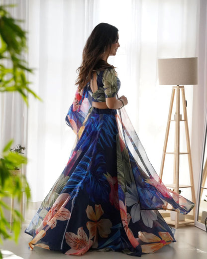 Blue Organza silk Printed Lehenga choli for women