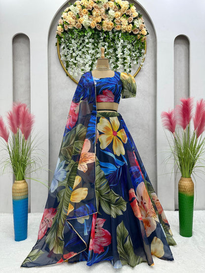 Blue Organza silk Printed Lehenga choli for women