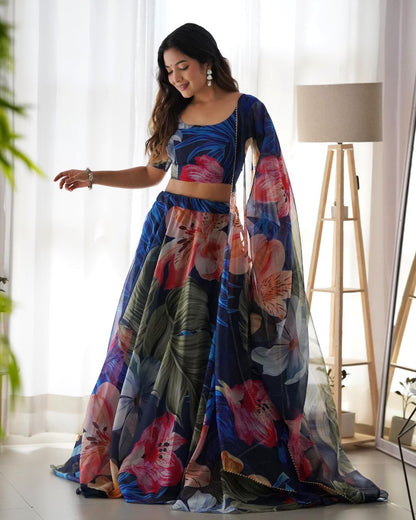 Blue Organza silk Printed Lehenga choli for women
