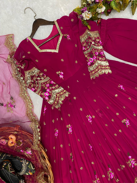 Cherry Pink color Georgette Anarkali Embroidery Suit with Dupatta