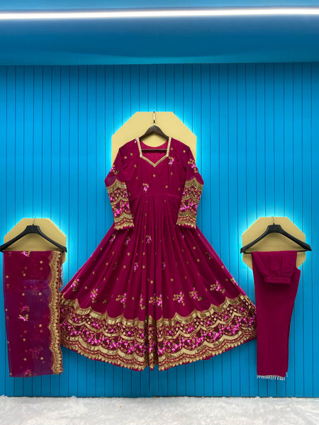 Cherry Pink color Georgette Anarkali Embroidery Suit with Dupatta