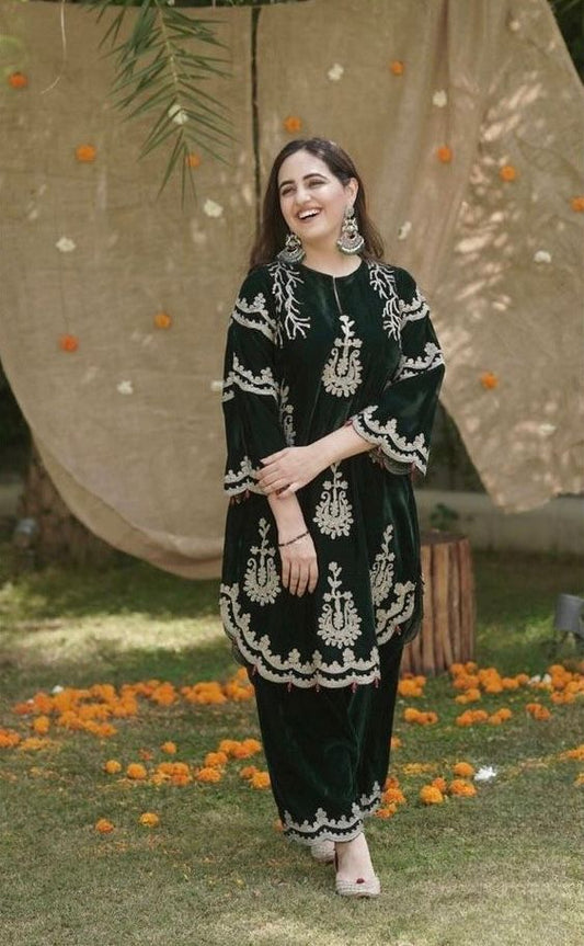 Dark Green Color Velvet Embroidery Top pent sent