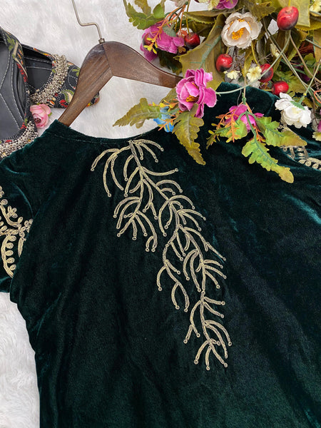 Dark Green Color Velvet Embroidery Top pent sent